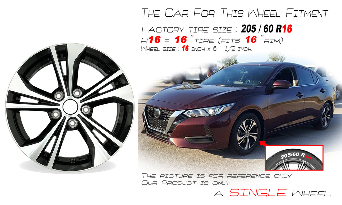 16" Single 16x6.5 Machined Black Alloy Wheel For Nissan Sentra 2020-2023 OEM Quality Replacement Rim