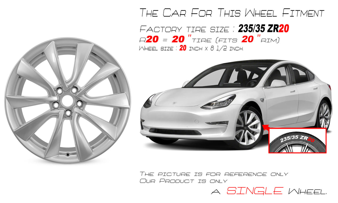 For Front Tesla Model 3 OEM Design Wheel 20" 20x8.5 2018-2020 Silver Single - Angle View