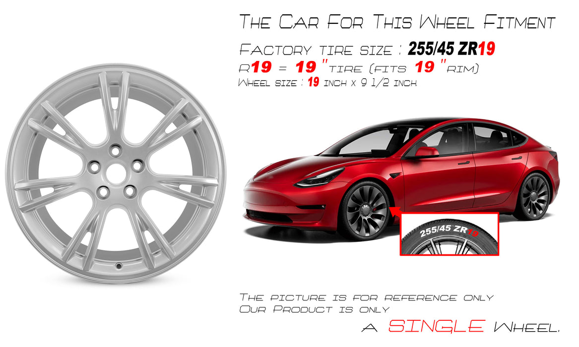 For Tesla Model 3 Model Y OEM Design Wheel 19" 19x9.5 2017-2023 Silver Single - Angle View
