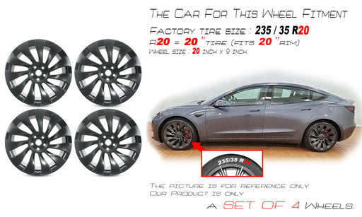 For Tesla Model 3 OEM Design Wheel 20" 2021-2023 CHARCOAL Set of 4 Replacement - Angle View