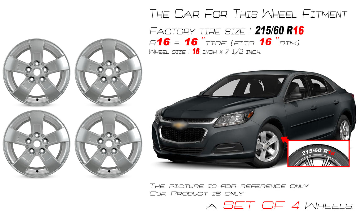 For Chevrolet Malibu Limited OEM Design Wheel 16" 16x7.5 2013-2016 Silver Set of 4 Replacement Rim