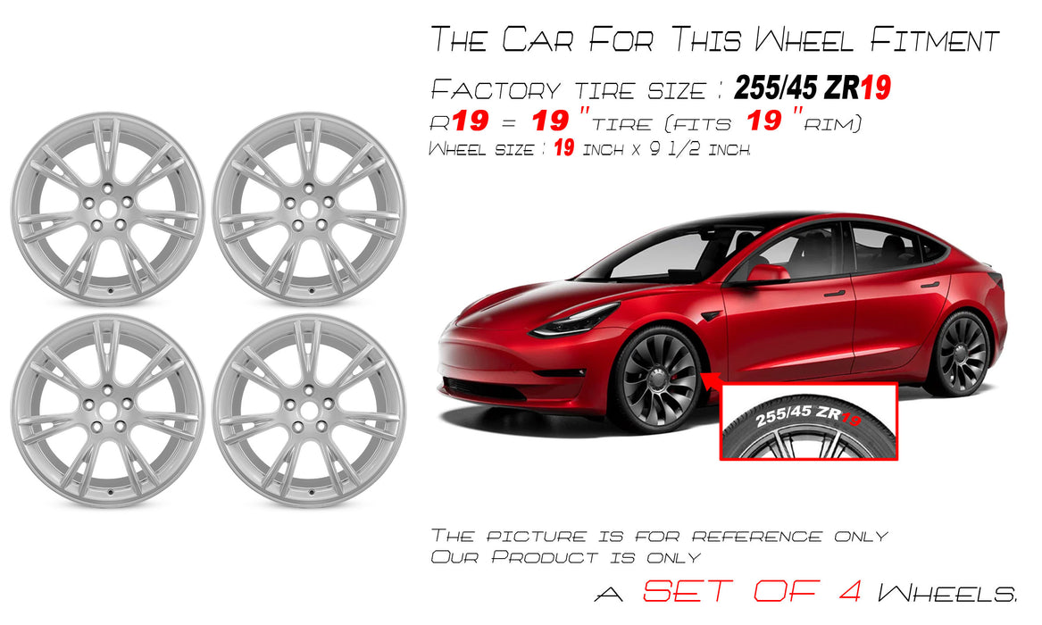 For Tesla Model 3 Model Y OEM Design Wheel 19" 19x9.5 2017-2023 Silver Set of 4 - Angle View