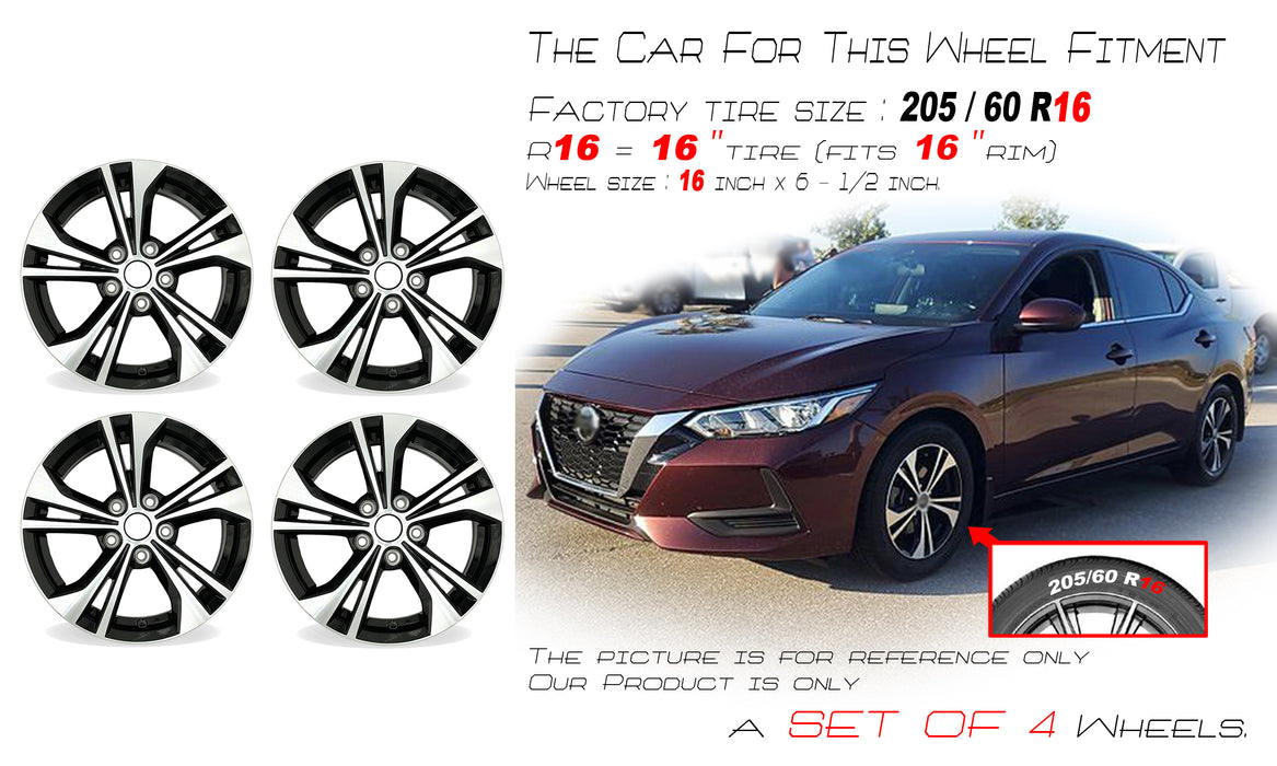 16" Set of 4 16x6.5 Machined Black Alloy Wheels For Nissan Sentra 2020-2023 OEM Quality Replacement Rim