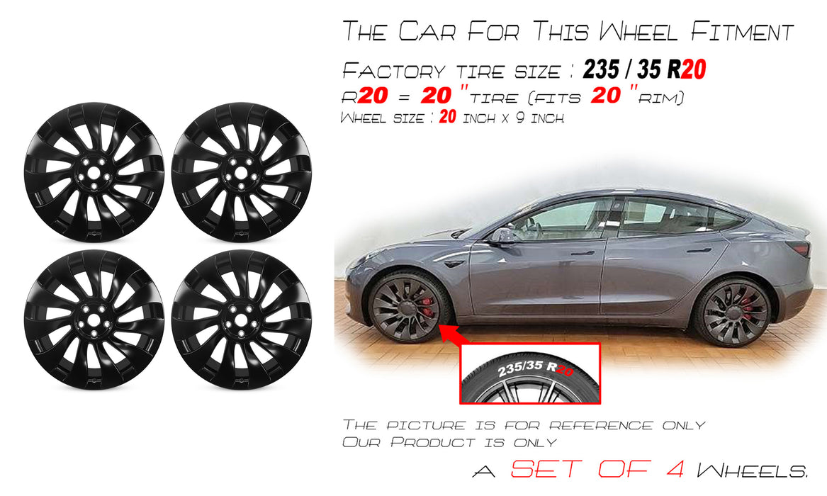 For Tesla Model 3 OEM Design Wheel 20" 20X9 2021 -2023 SATIN BLACK Set of 4 - Angle View